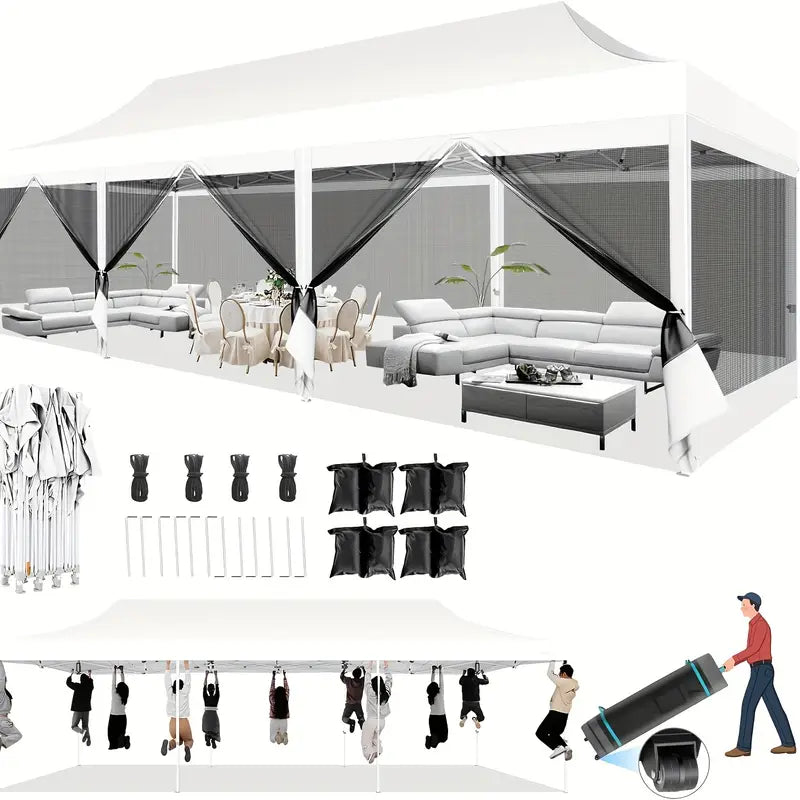 10X30 Pop Up Canopy Tent With Sidewalls Heavy Duty Easy Up Outdoor Gazebo Canopy With Mosquito Net Screen Tents For Parties Commercial Party Tent For Backyard With Roller Bag Sun Shelter For Beach And Outdoor Camping White Color