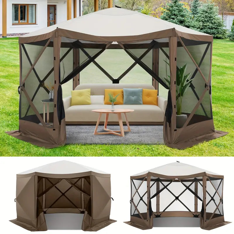 12X12Ft Pop Up Gazebo Screen House Tent With Sidewalls For Camping 6 Sides Pop Up Canopy Shelter Tent Easy Set Portable Gazebo With Carry Bag For Outdoor Parties Lawn And Backyard Sun Shelter For Beach And Outdoor Camping Brown Color