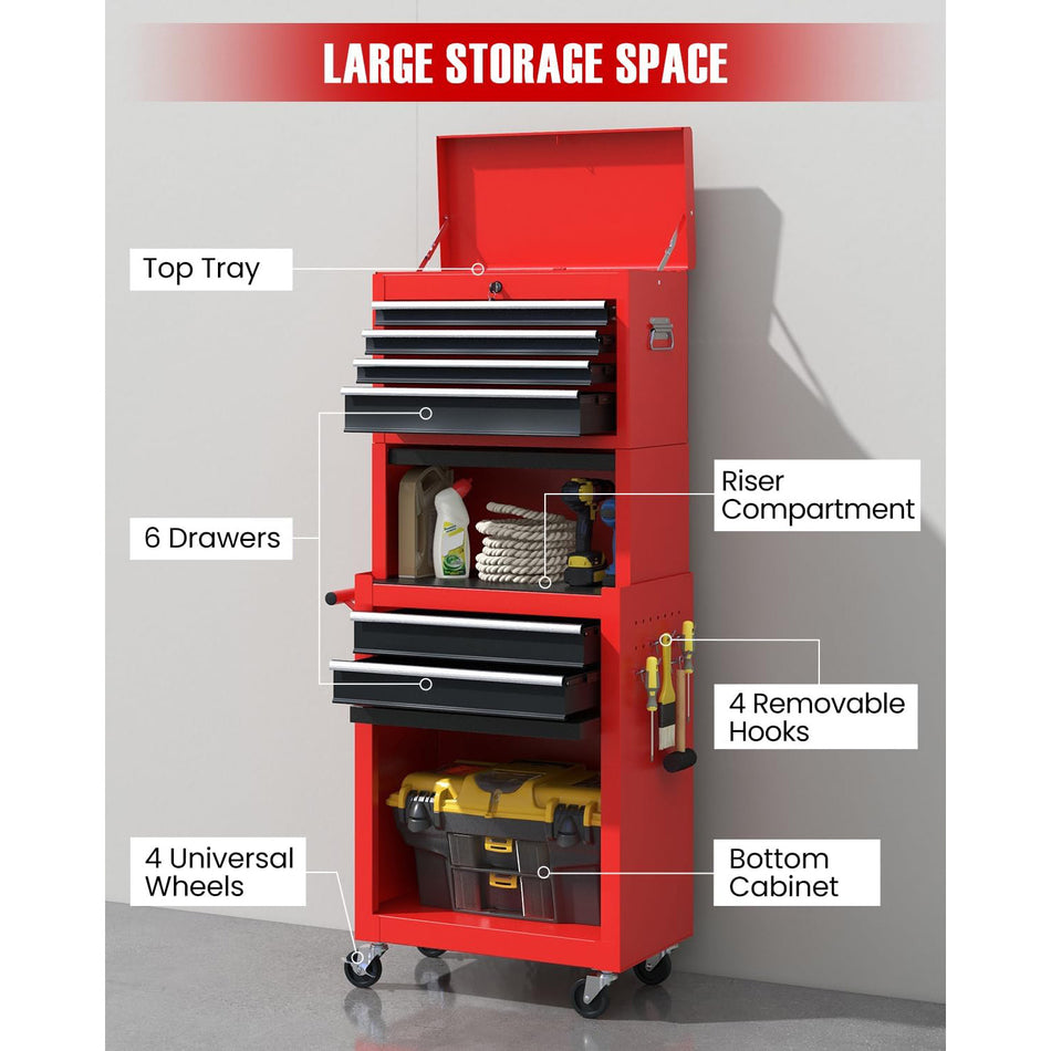 6 Drawer Tool Chest Multifunctional Detachable Tool Chest 3 In 1 Rolling Tool Storage Cabinet With Auto Locking System Lockable Wheels Detachable Top For Garage Workshop Red