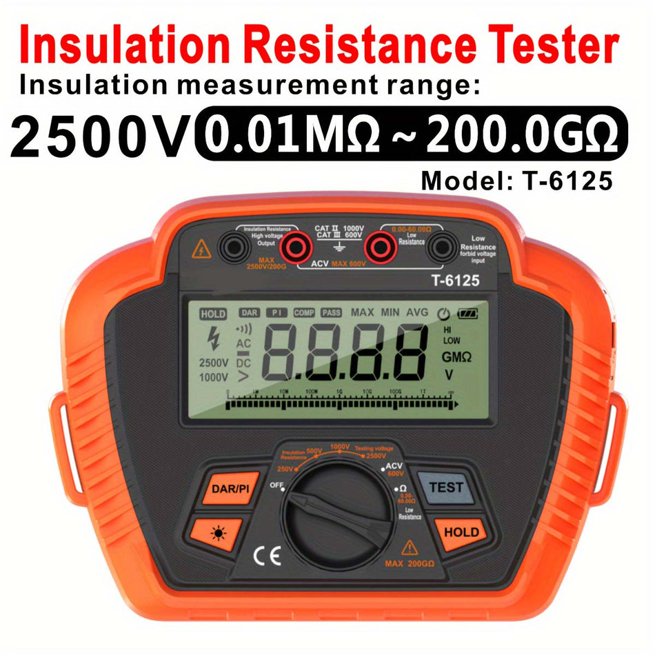 1Pc Digital Insulation Resistance Tester   2500V Max 20Gohm200Gohm Portable Megohmmeter With Backlit Lcd Low Resistance Measurement Absorption Ratiopolarization Index Aa Battery Powered Non Rechargeable With Carry Bag