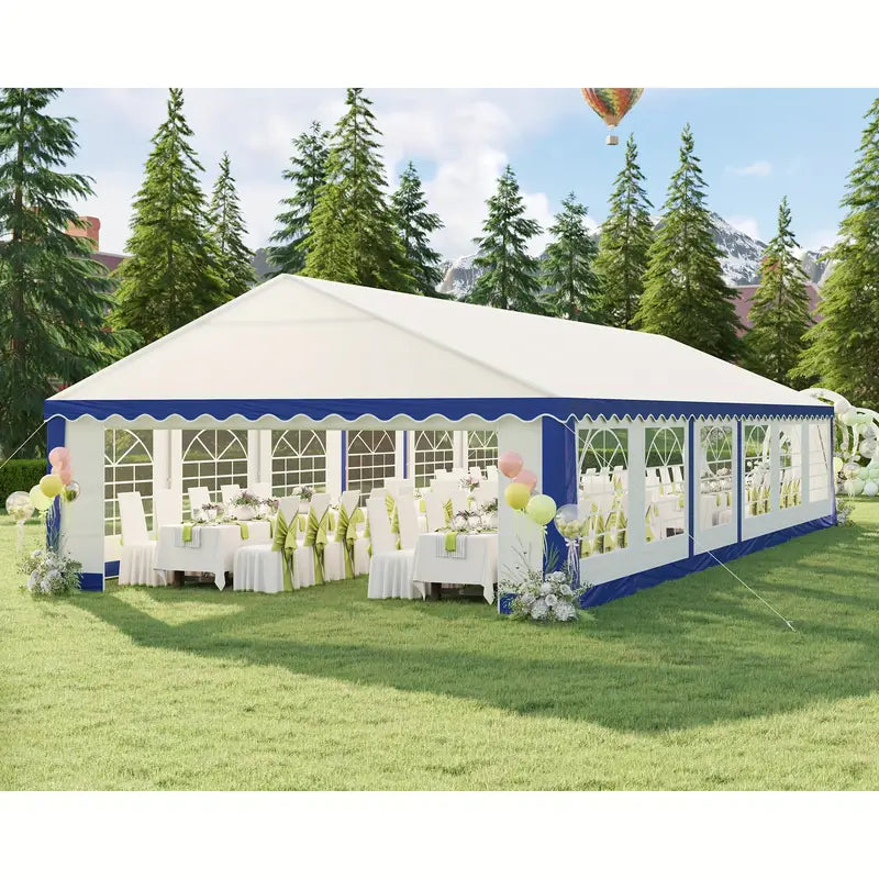 White And Blue Striped Large Party Tent Outdoor Event Shelter With Sidewall Windows 2 Side Doors For Garden Patio 20 X 40 Ft Ft