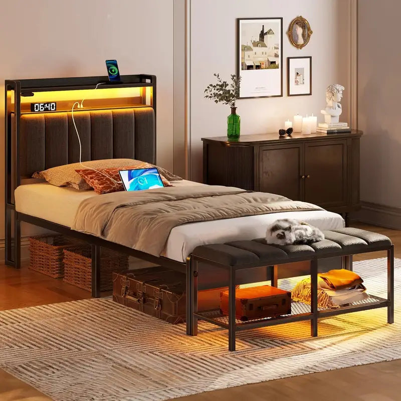 Twin Size Bed Frame With Lights Queen Size Bed Frame Avaliable Bed Frame With Charging Station Led Lights Upholstered Headboard With Storage Shelves Heavy Duty Metal Slats No Box Spring Needed Easy Assembly
