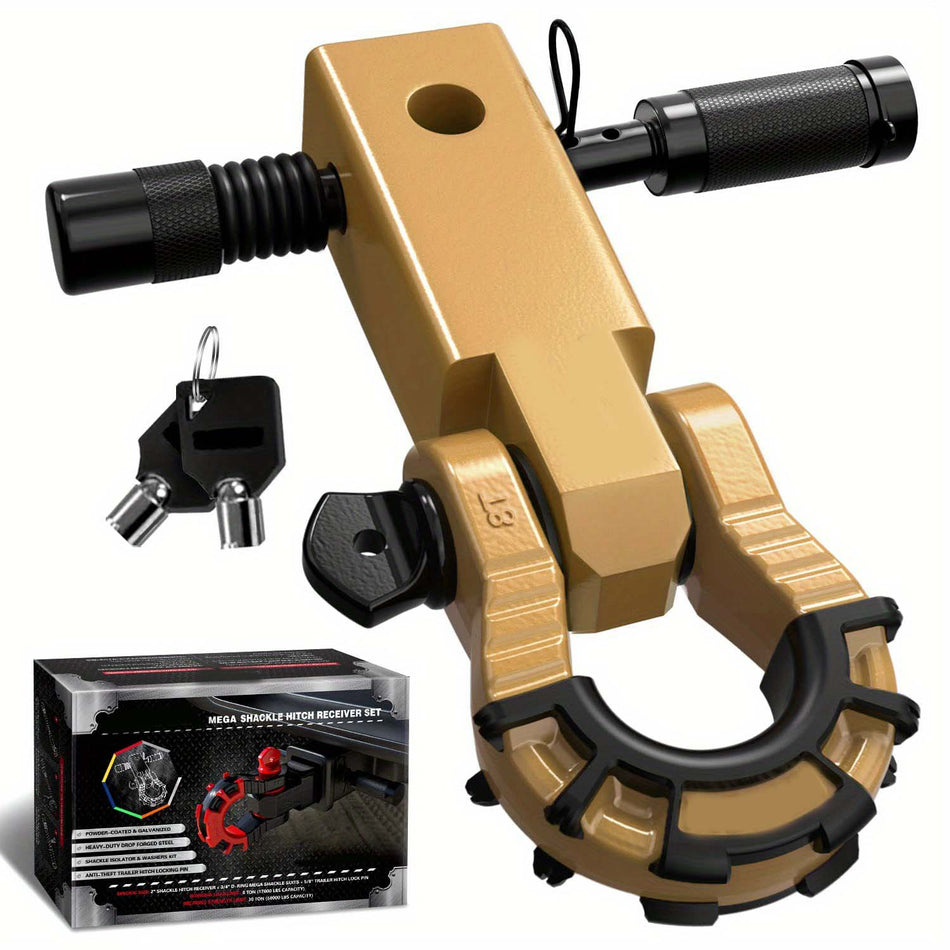 Shackle Hitch Receiver 2 Inch With 34 Mega D Ring Shackle And 58 Trailer Hitch Lock Pin 68 000 Lbs Break Strength Heavy Duty Receiver Kit For Vehicle Recovery Golden Color