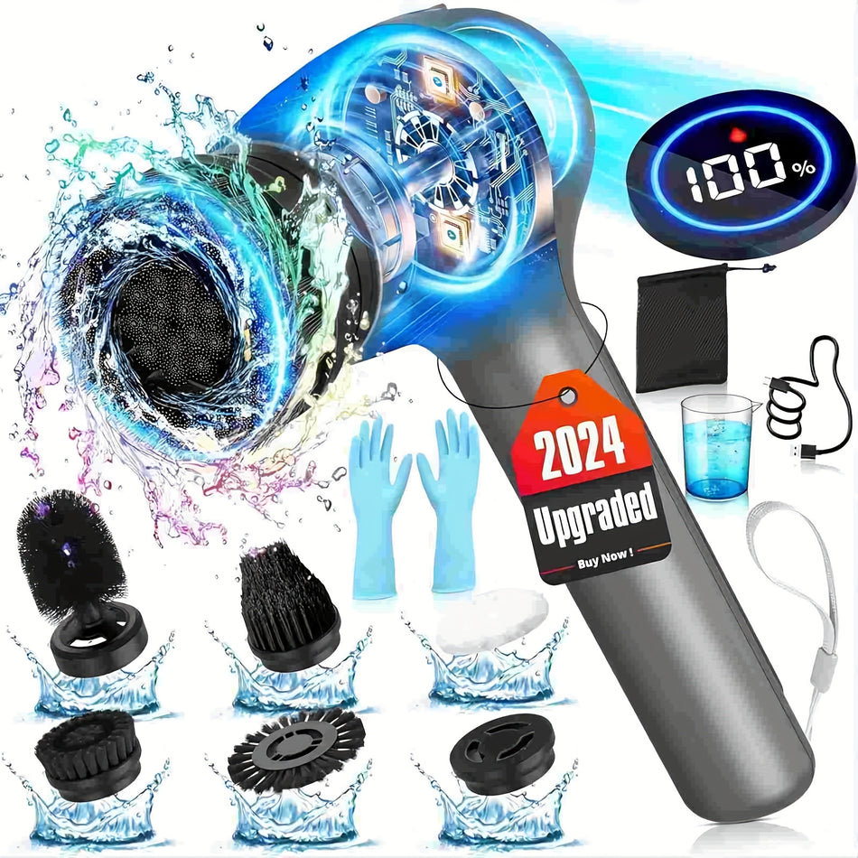 3200Mah Cordless Rechargeable Electric Spin Scrubber   Led Display Screen 8Pcs Replaceable Brush Heads Detergent Container   For Cleaning Tubtilefloorbathroom Color Gray