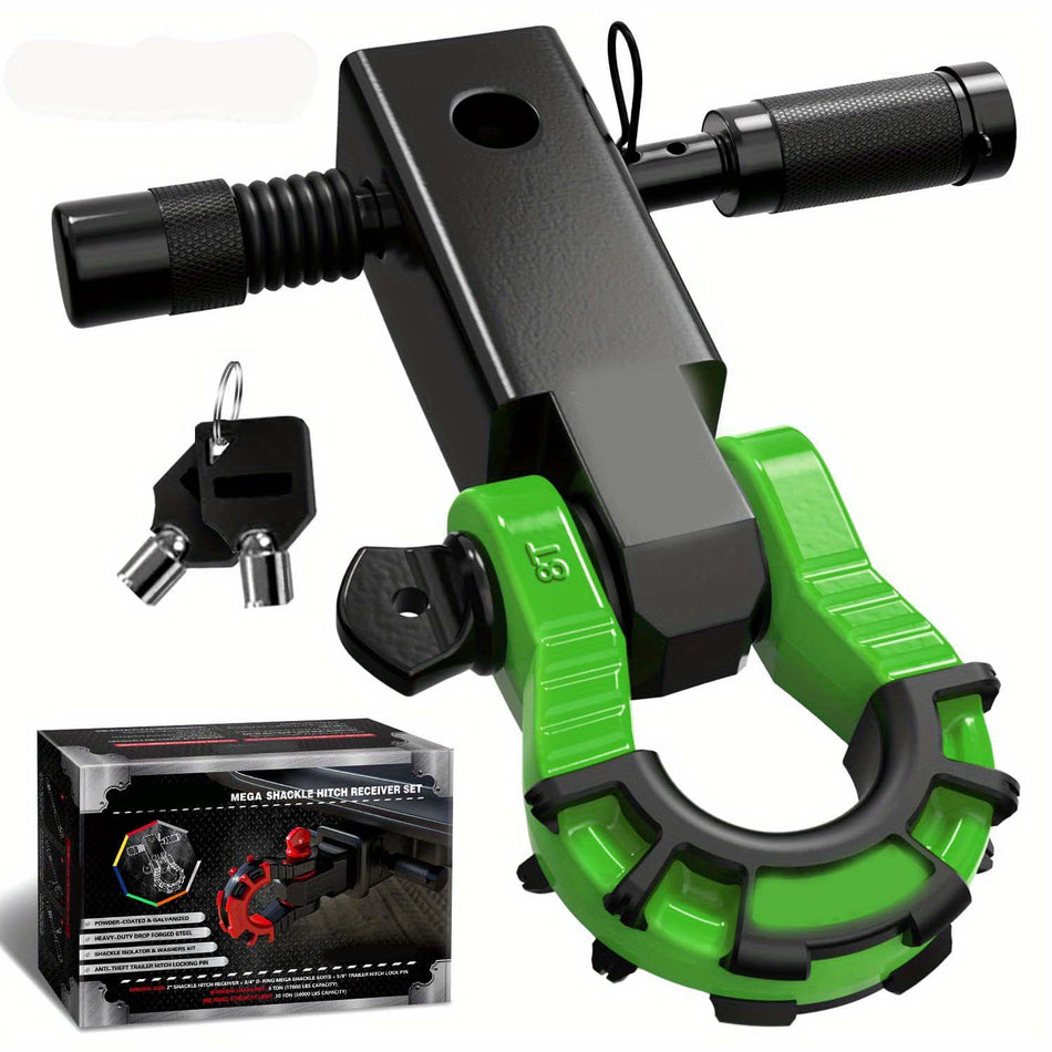 Shackle Hitch Receiver 2 Inch With 34 Mega D Ring Shackle And 58 Trailer Hitch Lock Pin 68 000 Lbs Break Strength Heavy Duty Receiver Kit For Vehicle Recovery Black Green Color