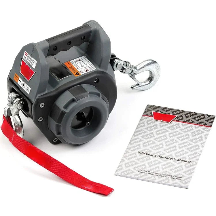 Tools101570 Handheld Portable Drill Winch With 40 Foot Steel Wire Rope 750 Lb Pulling Capacity Gray