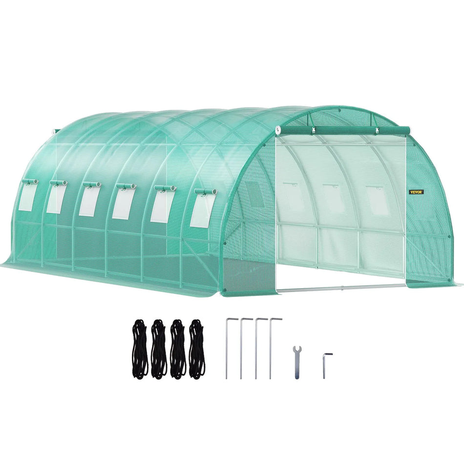 Walk In Tunnel Greenhouse 20 X 10 X 7 Ft Portable Plant Hot House W Galvanized Steel Hoops 3 Top Beams Diagonal Poles 2 Zippered Doors 12 Roll Up Windows Green