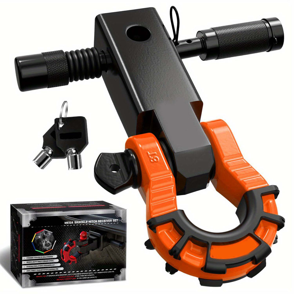 Shackle Hitch Receiver 2 Inch With 34 Mega D Ring Shackle And 58 Trailer Hitch Lock Pin 68 000 Lbs Break Strength Heavy Duty Receiver Kit For Vehicle Recovery Black Orange Color