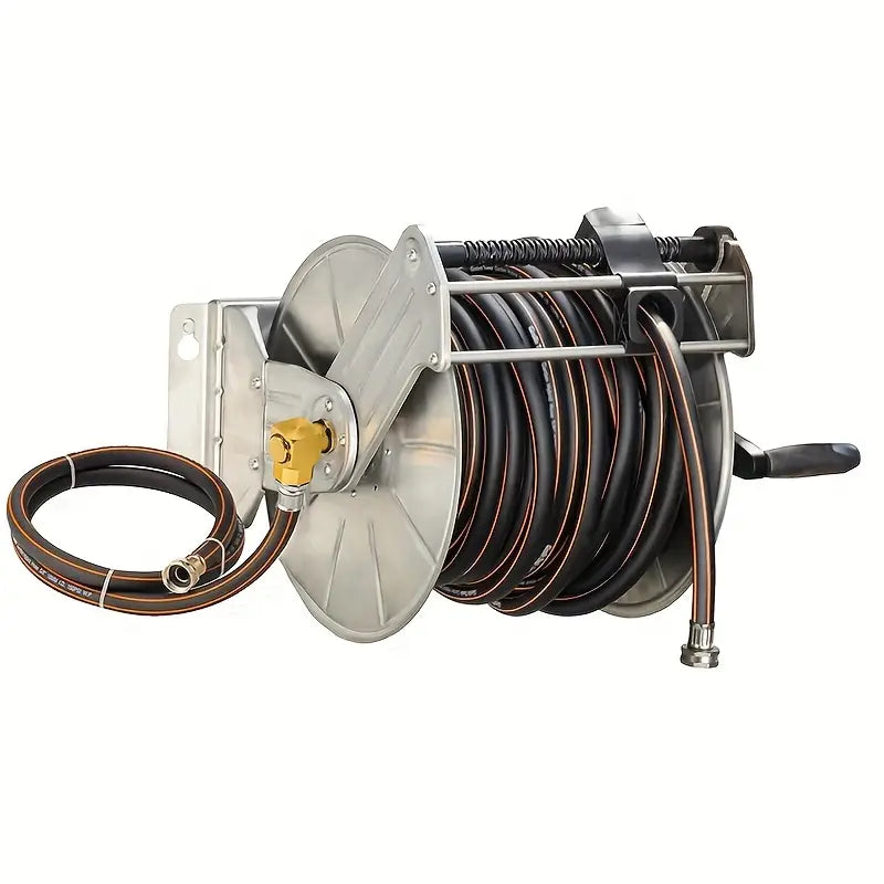 Stainless Steel Garden Hose Reel Heavy Duty Wallfloor Mounted Metal Water Hose Reel Retractable With Crank 150 Feet 58 Hose Capacity With A Hose