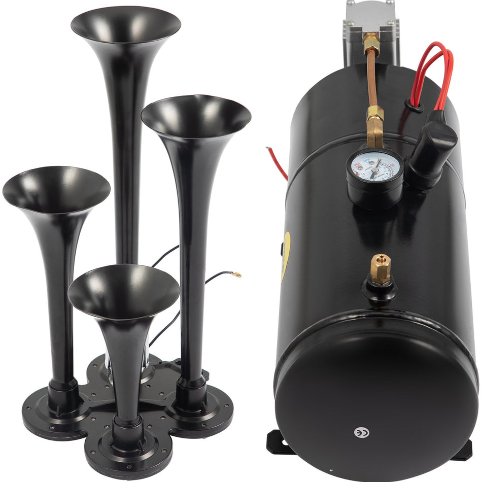 150Db Train Horns Kit For Trucks Super Loud With 120 Psi 12V Air Compressor 4 Trumpet Air Horn Compressor Tank For Any Vehicle Trucks Car Jeep Or Suv Black