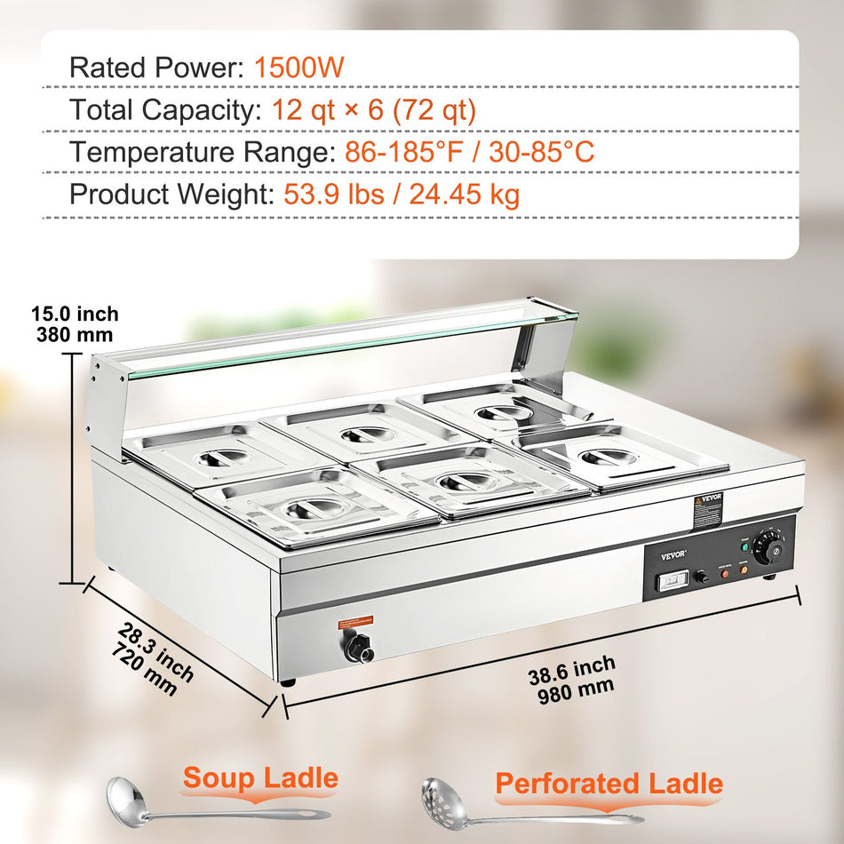 6 Pan Commercial Food Warmer 6 X 12Qt Electric Steam Table With Tempered Glass Cover 1500W Countertop Stainless Steel Buffet Bain Marie 86 185F Temp Control For Catering Restaurants Silver