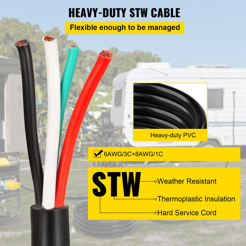15Ft 50 Amp Generator Extension Cord 4 Wire 6 Gauge Stw 6381 Generator Cord 125V 250V Generator Power Cord N14 50P Ss2 50R Portable Handle 15Ft 50 Amp