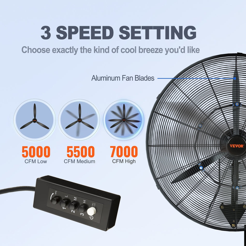 Wall Mount Misting Fan 24 Inch 3 Speed High Velocity Max 7000 Cfm Waterproof Oscillating Industrial Wall Fan Commercial Or Residential For Warehouse Greenhouse Workshop Black Etl Listed