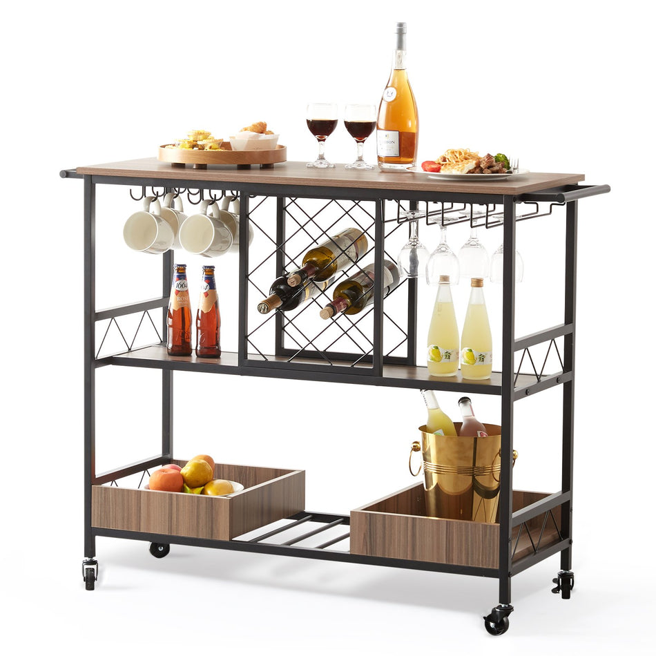 3 Tier Bar Serving Cart Rolling Trolley With Wine Grid Glass Holder 300Lbs
