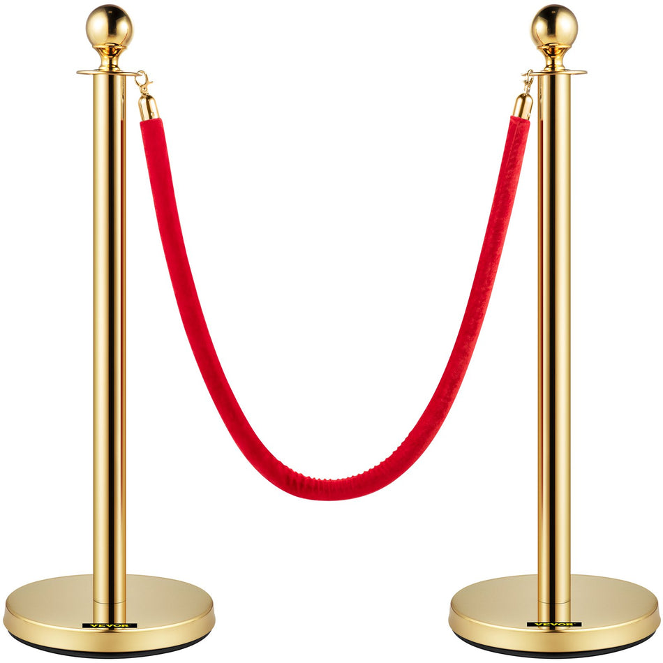 Velvet Ropes And Posts 5 Ft15 M Red Rope Stainless Steel Gold Stanchion With Ball Top Red Crowd Control Barrier Used For Theaters Party Wedding Exhibition Ticket Offices 2 Pack Sets