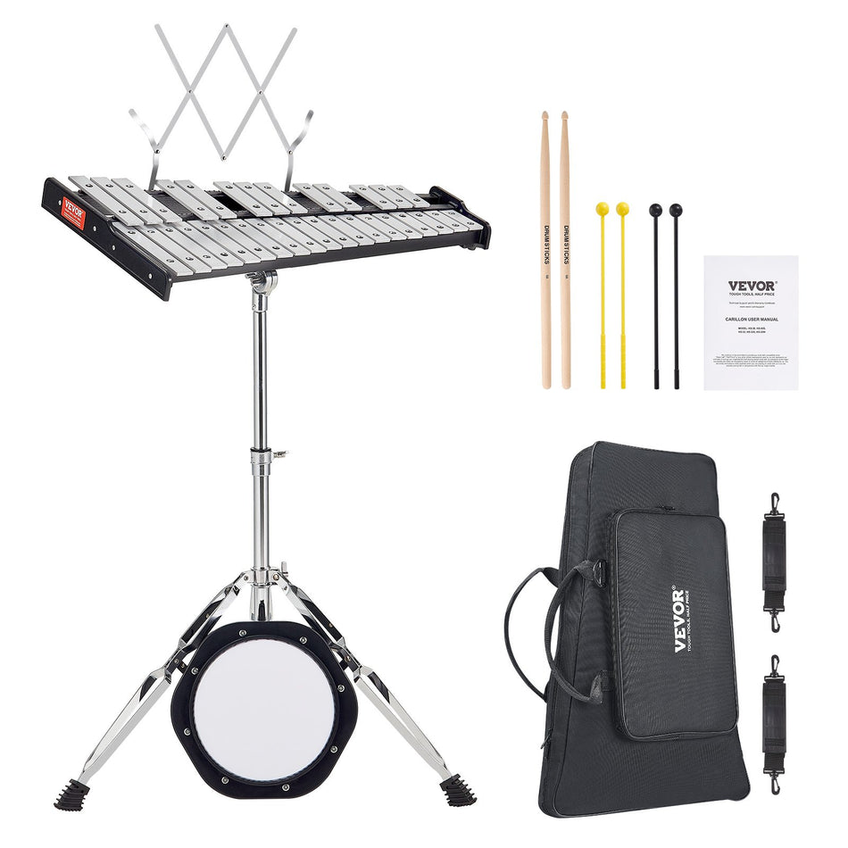 32 Note Glockenspiel Xylophone Bell Kit Professional Percussion Instrument Set With Mallets Drum Sticks Music Stand 8 Practice Pad Adjustable Stand And Carrying Bag For Students Adults
