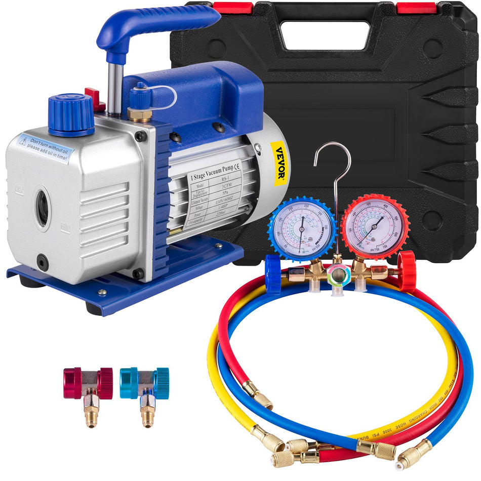 3Cfm 14Hp Single Stage Air Vacuum Pump Hvac R134A R12 R22 R410A Ac Refrigeration Kit Ac Manifold Gauge R134 Can Tap Included Carrying Tote