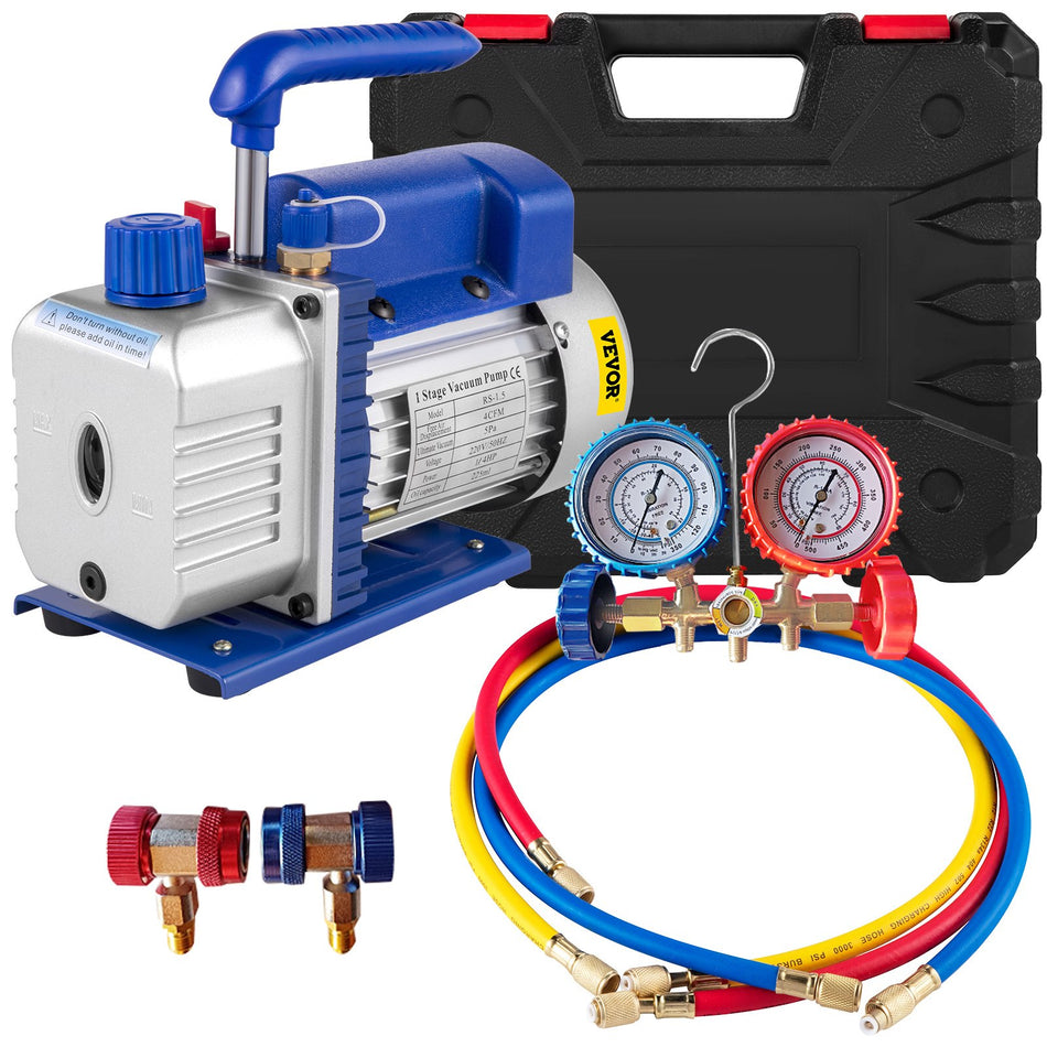 4Cfm 14Hp Rotary Vane Vacuum Pump R134Amanifold Gauge Tester Charging Hose