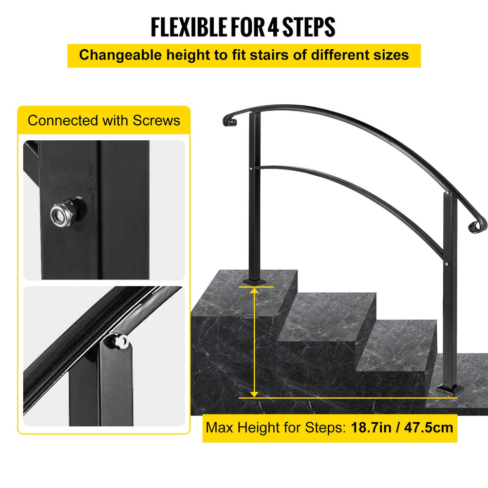 4 Step Handrail Fits 1 Or 4 Steps Matte Black Stair Rail Wrought Iron Handrail With Installation Kit Hand Rails For Outdoor Steps