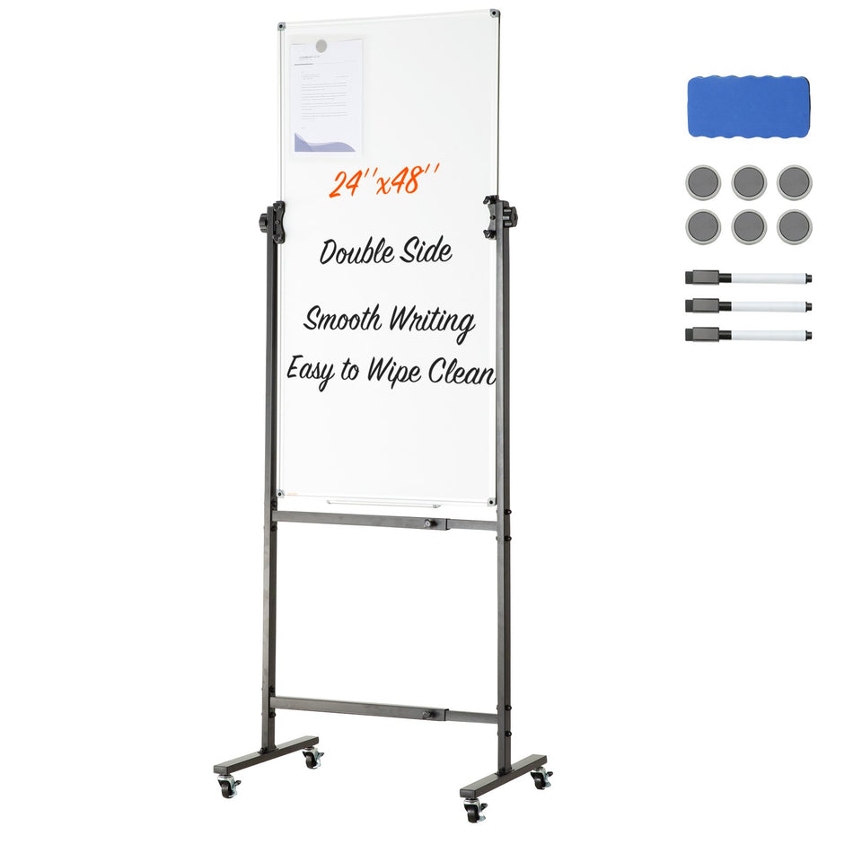Rolling Magnetic Whiteboard Double Sided Mobile Whiteboard 24X48 Inches Adjustable Height Dry Erase Board With Wheels 1 Magnetic Erase 3 Dry Erase Markers Movable Tray For Office School