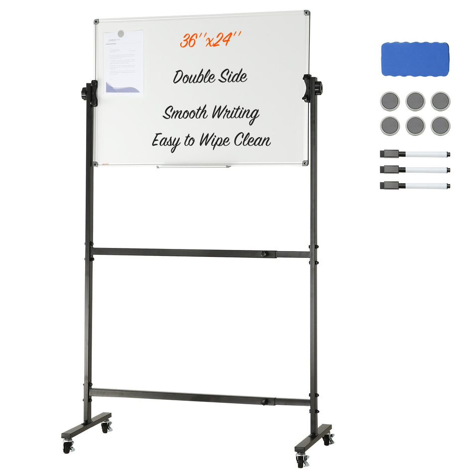 Rolling Magnetic Whiteboard Double Sided Mobile Whiteboard 36X24 Inches Adjustable Height Dry Erase Board With Wheels 1 Magnetic Erase 3 Dry Erase Markers Movable Tray Office School