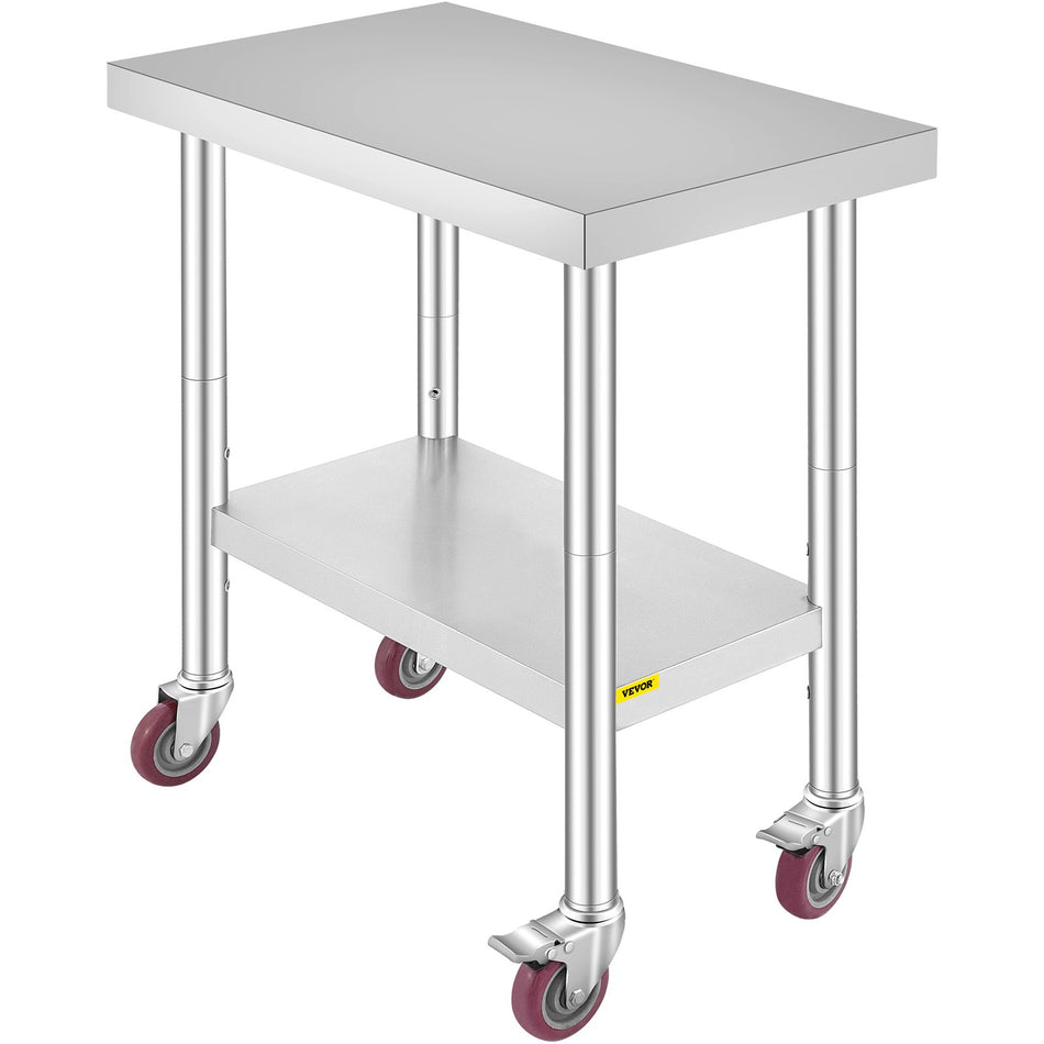 30x18x34 Inch Stainless Steel Work Table 3-Stage Adjustable Shelf with 4 Wheels Heavy Duty Commercial Food Prep Worktable with Brake for Kitchen Prep Work
