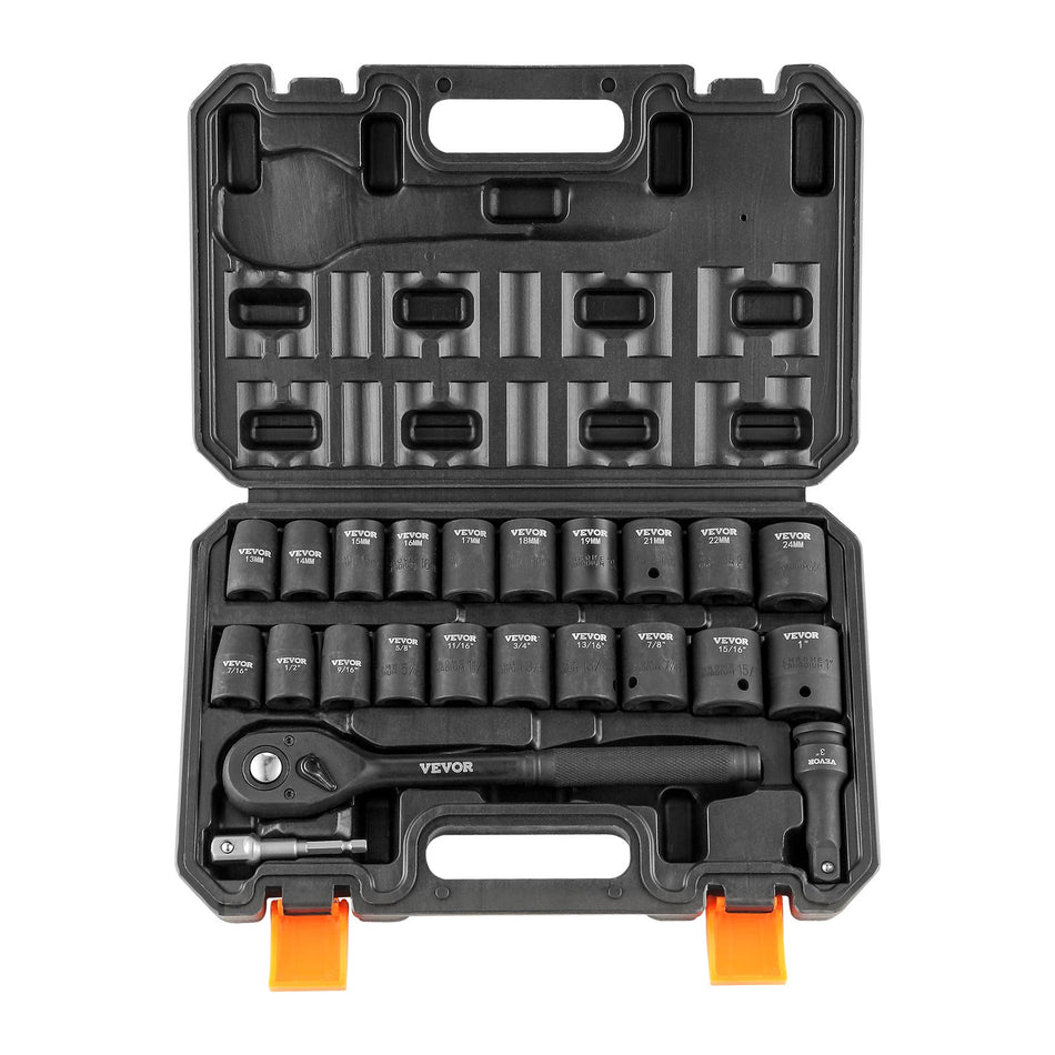 12 Drive Impact Socket Set 23 Piece Socket Set Sae 716  1 And Metric 13 24Mm 6 Point Cr V Alloy Steel For Auto Repair Easy To Read Size Markings Rugged Construction Storage Case
