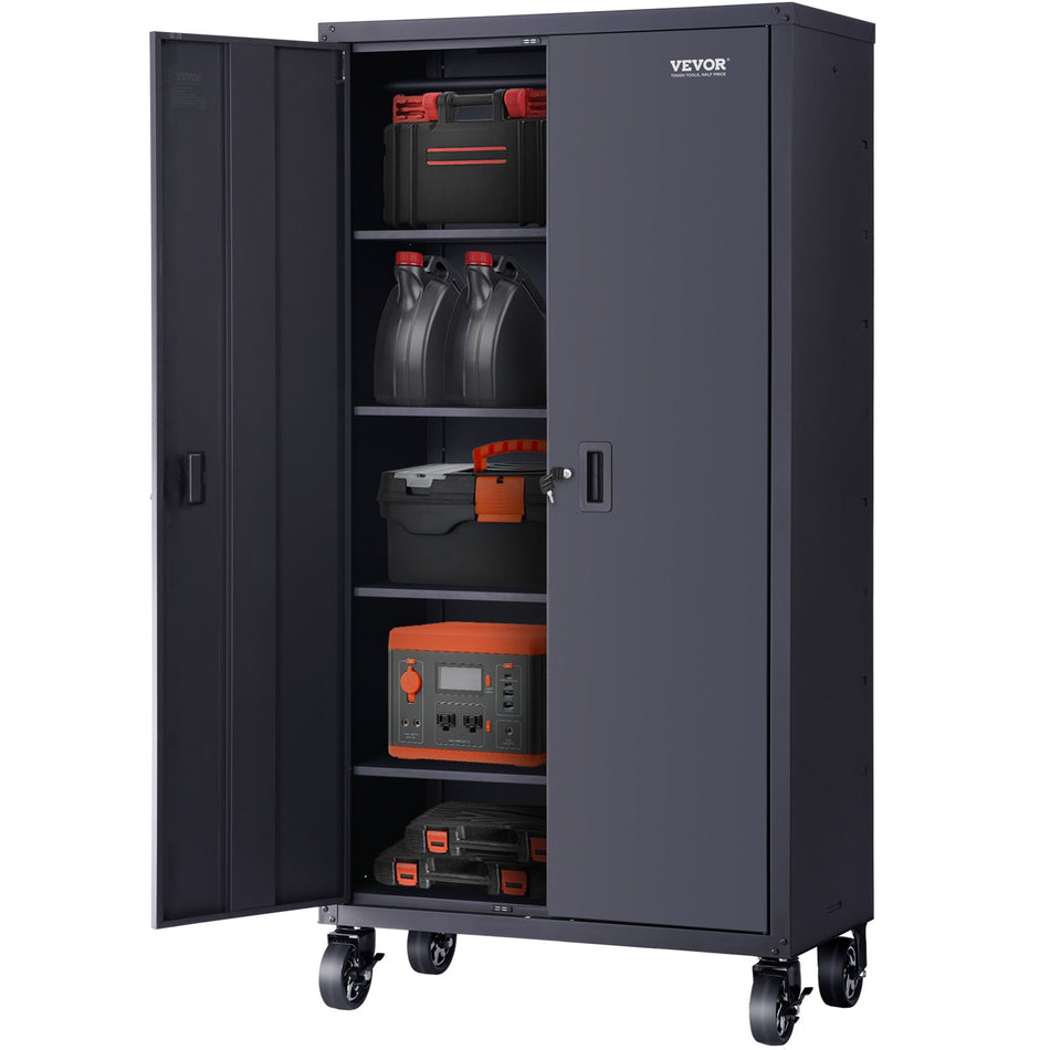 Rolling Metal Storage Cabinet W 4 Adjustable Shelves Lockable Door