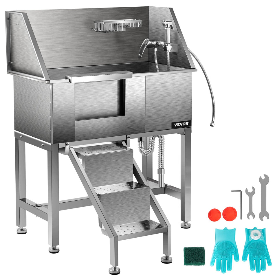34 Pet Grooming Tub Stainless Steel Dog Wash Station Pet Washing Station And Dog Bath Tub Water Resistant Grooming Tub For Dogs With Removable Door Ladder On The Left