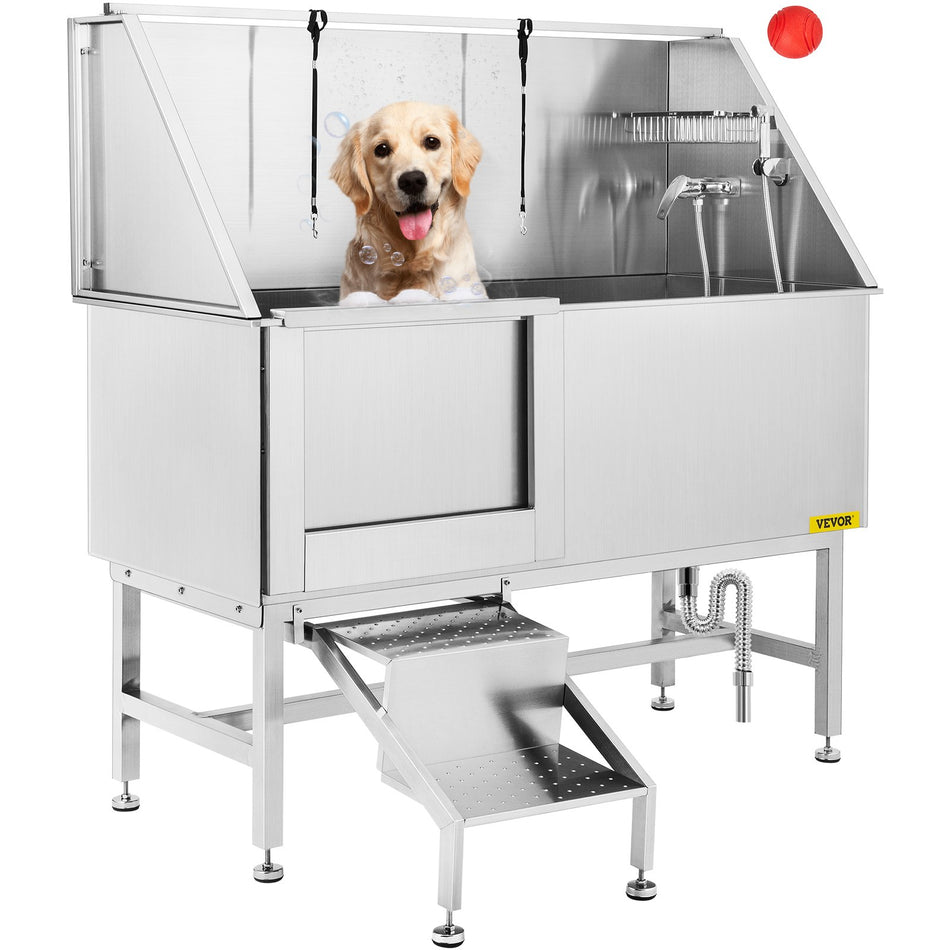 62 Inch Professional Dog Grooming Tub Stainless Steel Pet Bathing Tub Large Dog Wash Tub With Faucet Walk In Ramp Accessories Dog Washing Station Pet Bath Tub