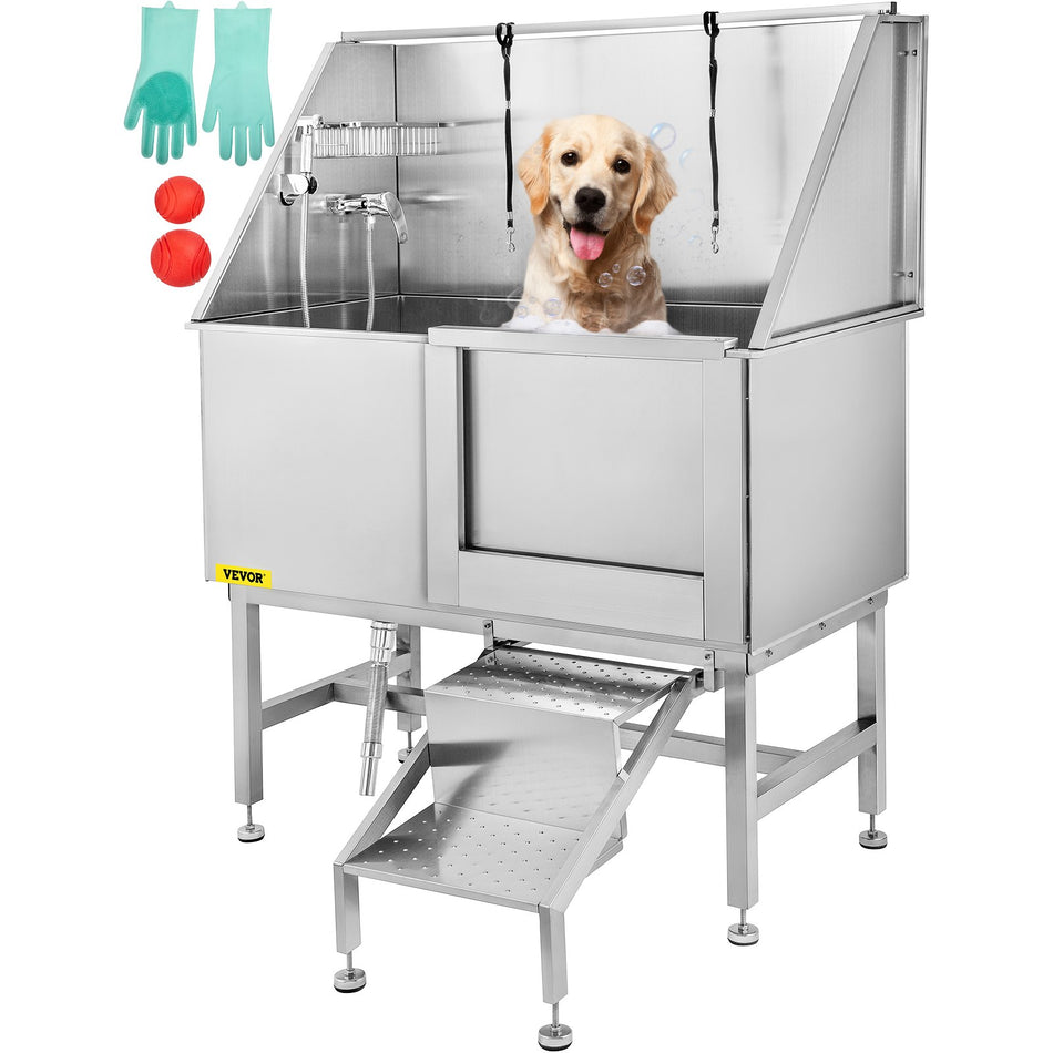 50 Inch Dog Grooming Tub Professional Stainless Steel Pet Dog Bath Tub With Steps Faucet Accessories Dog Washing Station Left Door