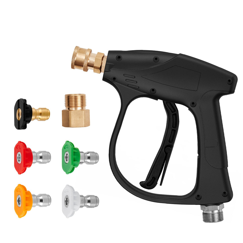 Short Pressure Washer Gun 4350 Psi High Power Washer Spay Gun M22 14 Inlet 14 Outlet Hose Connector Foam Gun Stainless Steel Pressure Washer Handle With 5 Color Quick Connect Nozzles