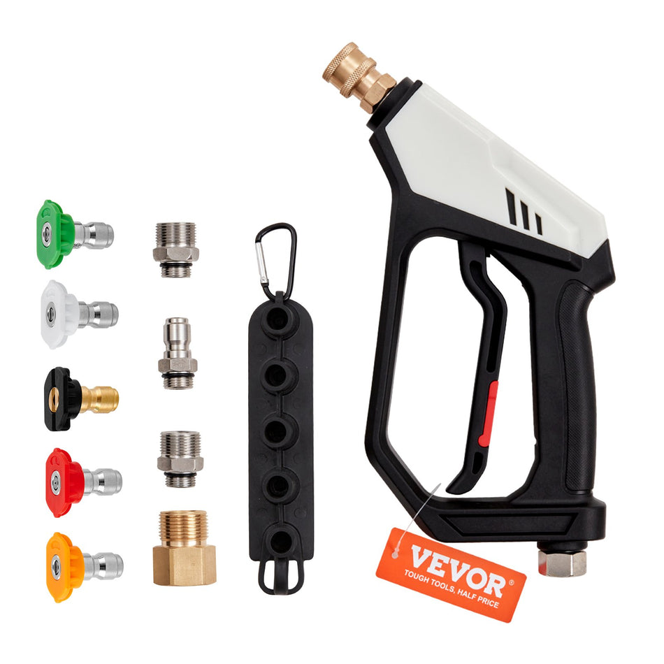 Short Pressure Washer Gun 5000 Psi High Power Washer Spay Gun M22 14 Mm M22 15 38 Inlet 14 Outlet Hose Connector Foam Gun Pressure Washer Handle With 5 Color Quick Connect Nozzles