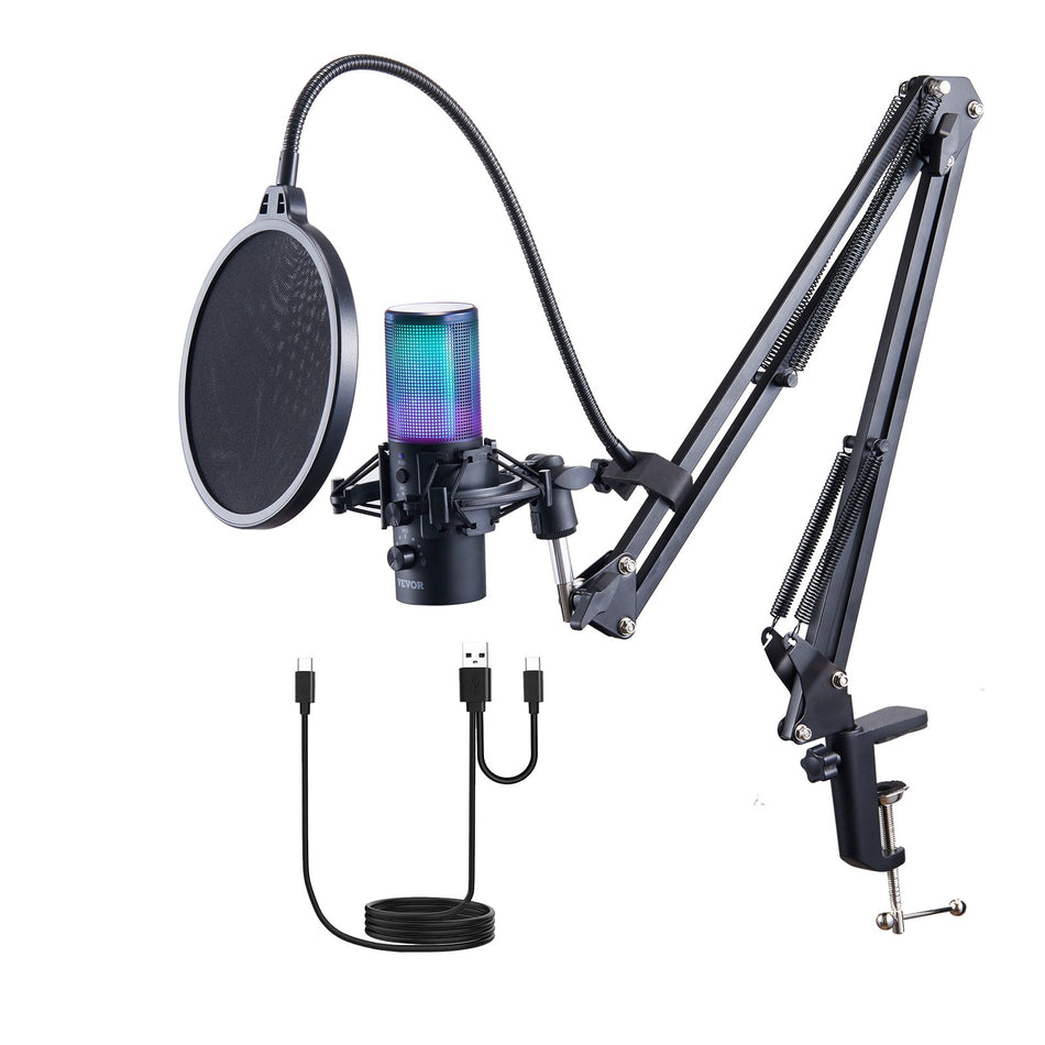 Usb Microphone 192 Khz24 Bit Professional Condenser Microphone Kit With Boom Arm Stand Pop Filter Shock Mount 11 Rgb Lighting Effects Mute Button Headphones Jack For Recording Gaming Singing