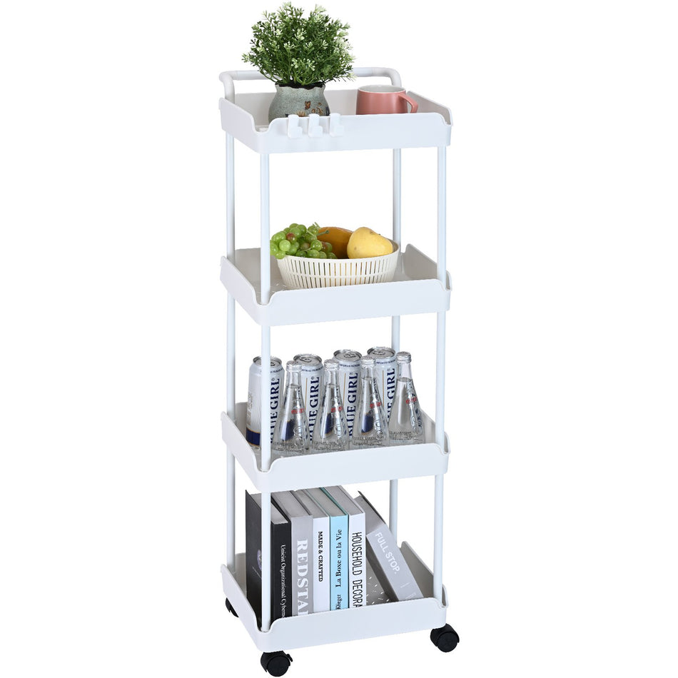 4 Tier Rolling Utility Cart Kitchen Cart With Lockable Wheels Multi Functional Storage Trolley With Handle For Office Living Room Kitchen Movable Storage Basket Organizer Shelves White