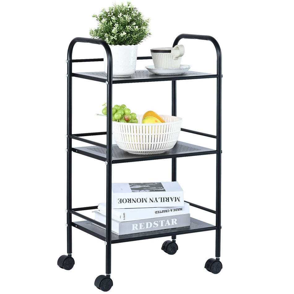 3 Tier Metal Rolling Cart Heavy Duty Utility Cart With Lockable Wheels Multi Functional Storage Trolley With Handle For Office Living Room Kitchen Movable Storage Organizer Shelves Black