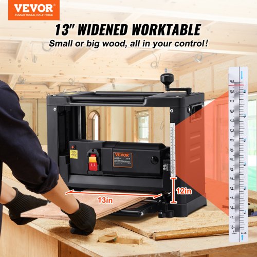 Thickness Planer Single Speed 13 Width Worktable Benchtop Planer Two Blade 15 Amp 1800W Powerful Motor 12 Extended Infeeding Table Low Noise For Both Hard Soft Wood Material Removal
