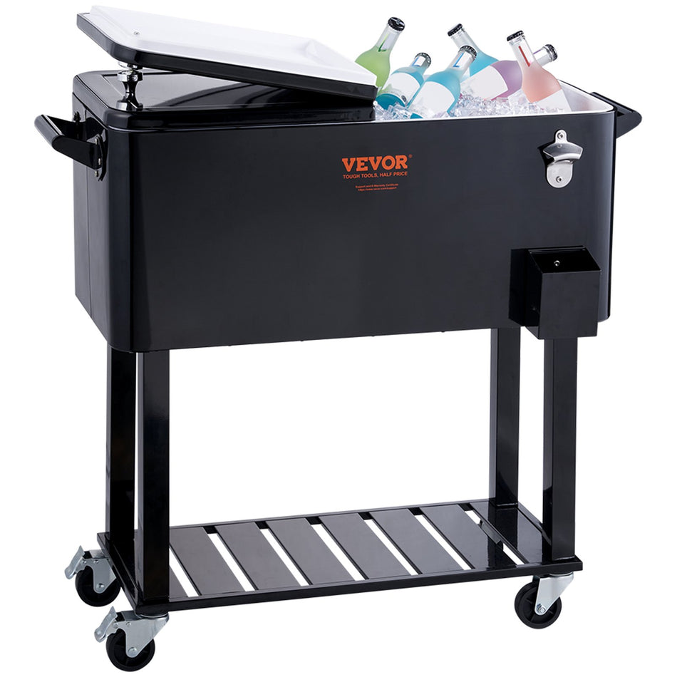 Rolling Ice Chest Cooler Cart 80 Quart Portable Bar Drink Cooler Beverage Bar Stand Up Cooler With Wheels Bottle Opener Handles For Patio Backyard Party And Pool Black Fda Listed