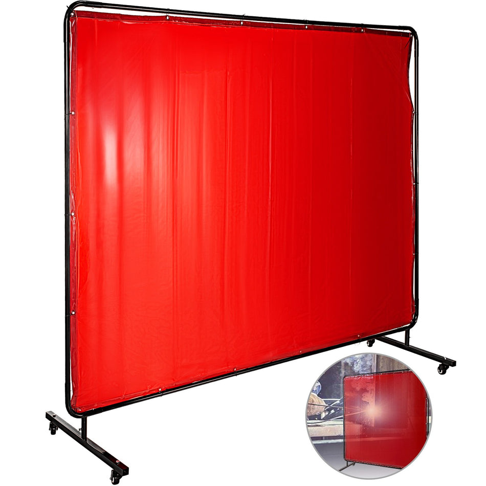 Welding Screen With Frame 8 X 6 Welding Curtain With 4 Wheels Welding Protection Screen Red Flame Resistant Vinyl Portable Light Proof Professional