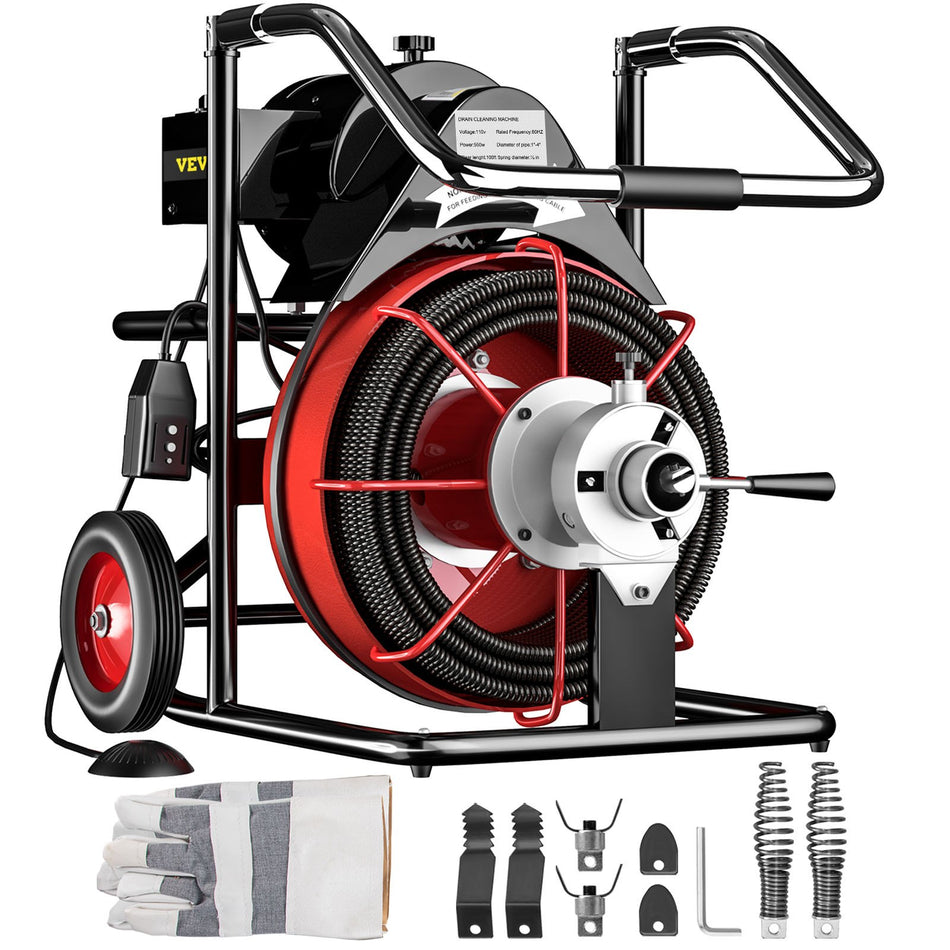 100 Ft X 12Inch Drain Cleaner Machine Fit 2 Inch 50Mm To 4 Inch100Mm Pipes 550W Open Drain Cleaning Machine 1700 Rmin Electric Drain Auger With Cutters Glove Drain Auger Sewer Snake