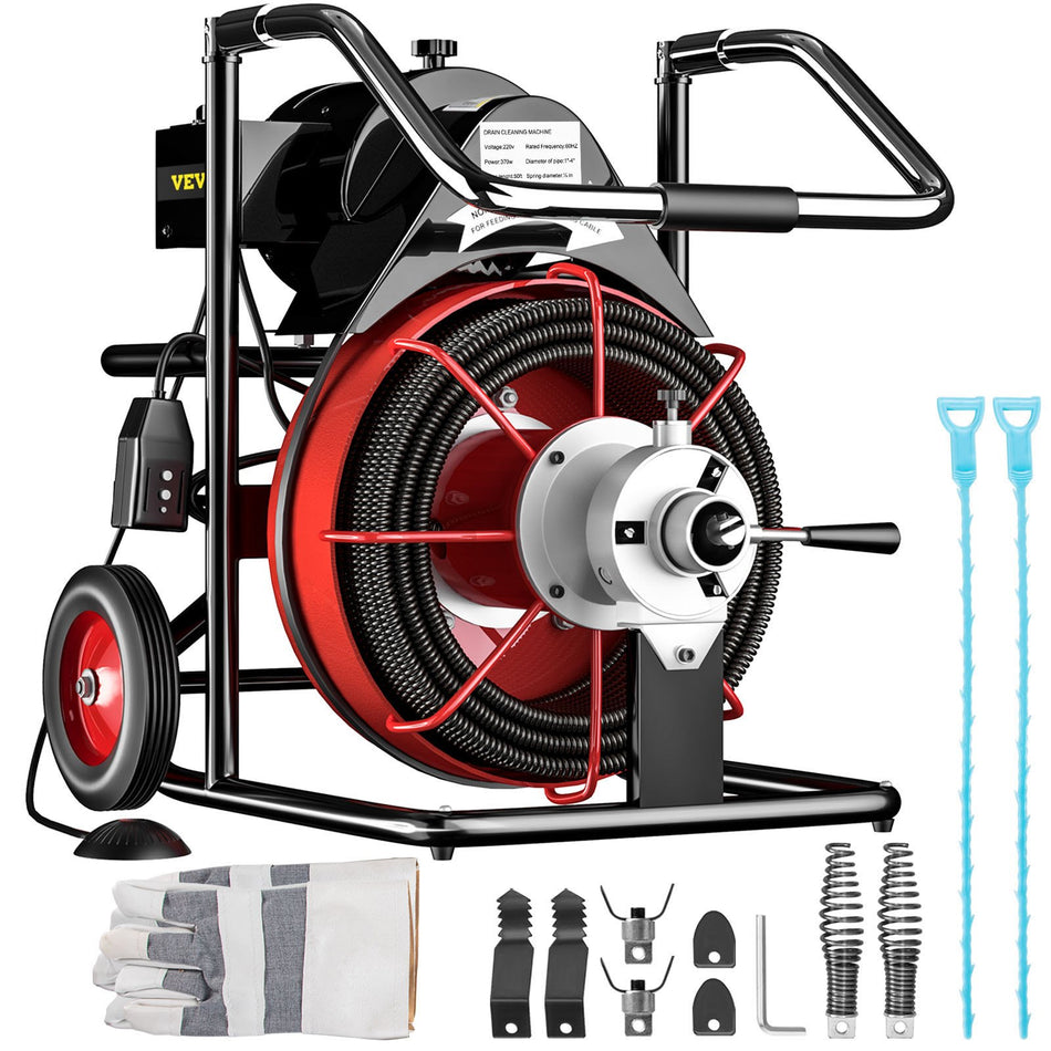 50 Ft X 12Inch Drain Cleaner Machine Auto Feed Fit 125Mm To 4100Mm Pipes 370W Open Drain Cleaning Machine Portable Electric Drain Auger With Cutters Glove Sewer Snake