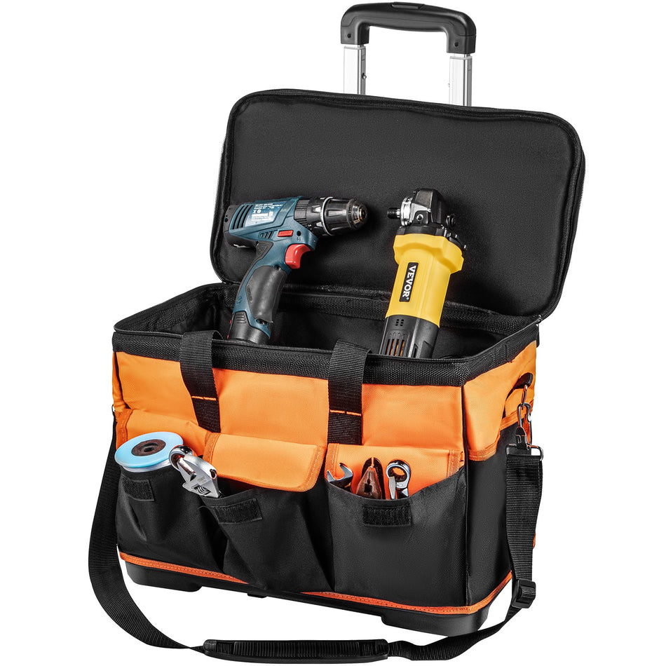 Rolling Tool Bag 20 Inch 17 Pockets Bag With Two 256In Wheels Oxford Fabric Material With Telescoping Handle 198Lb Load Capacity For Garden Electrician Tool Organization