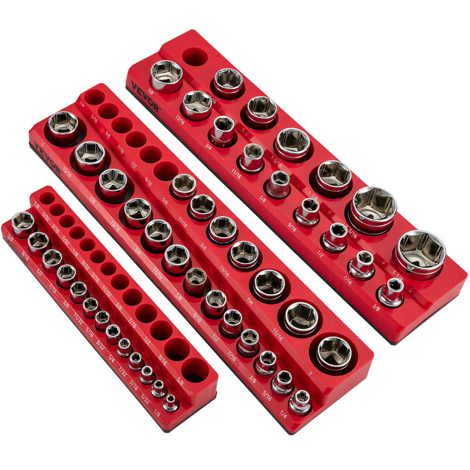 3 Pack Sae Magnetic Socket Organizers 12 Inch 38 Inch 14 Inch Drive Socket Holders Hold 68 Sockets Red Tool Box Organizer For Sockets Storage