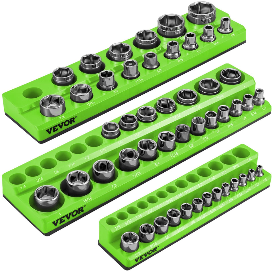 3 Pack Metric Magnetic Socket Organizers 12 Inch 38 Inch 14 Inch Drive Socket Holders Hold 68 Sockets Green Tool Box Organizer For Sockets Storage