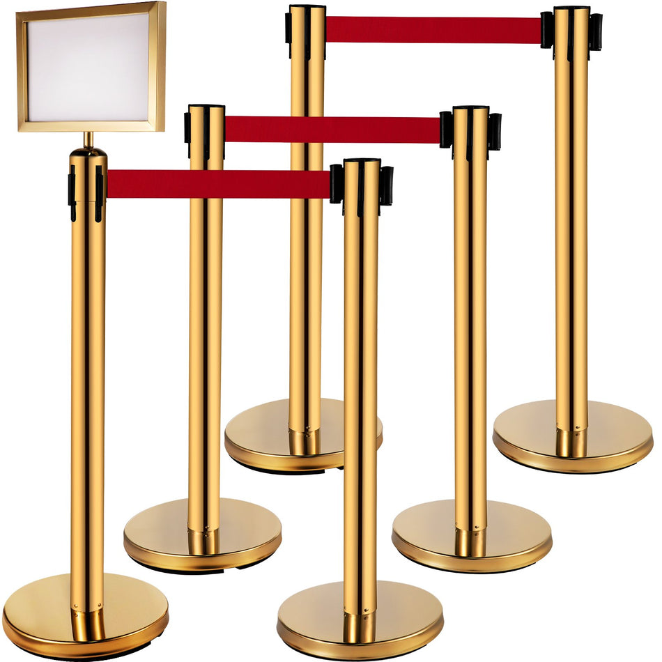 Stanchion Post Barriers 4 Set Line Dividers Stainless Steel Stanchions With 66 Red Retractable Belts Stanchions With One Sign Frame 346 Queue Safety Stanchions Gold
