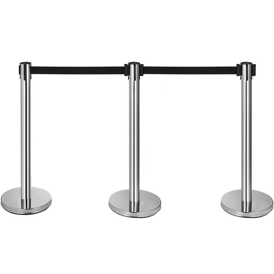 6Pcs Queue Posts W Black Retractable Belt Stainless Steel Restaurants Outdoor