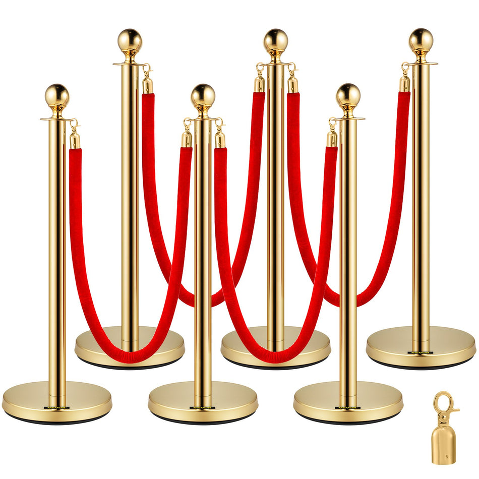 6 Pcs Gold Stanchions Posts Stainless Steel Stanchion Queue Post Red Rope Retractable 38In For Both Indoor And Outdoor Use