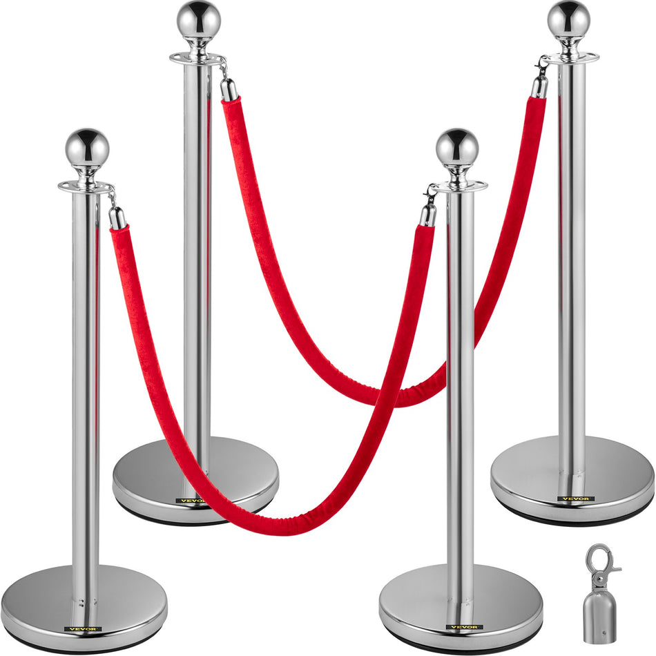 4Pcs Stainless Steel Stanchion Posts Queue Red Velvet Ropes Silver 38In Rope Barriers Queue Line Crowd Control Barriers For Party Supplies