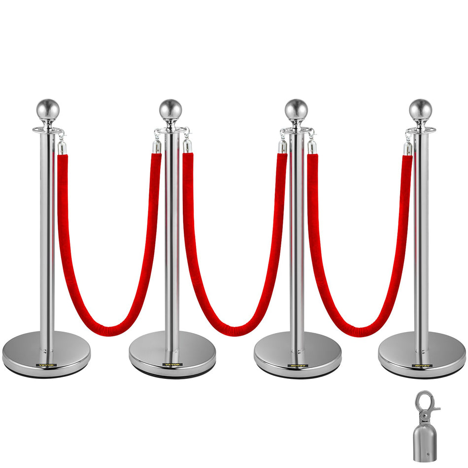 38 Inch Stanchion Posts Queue Red Velvet Rope 3 Silver
