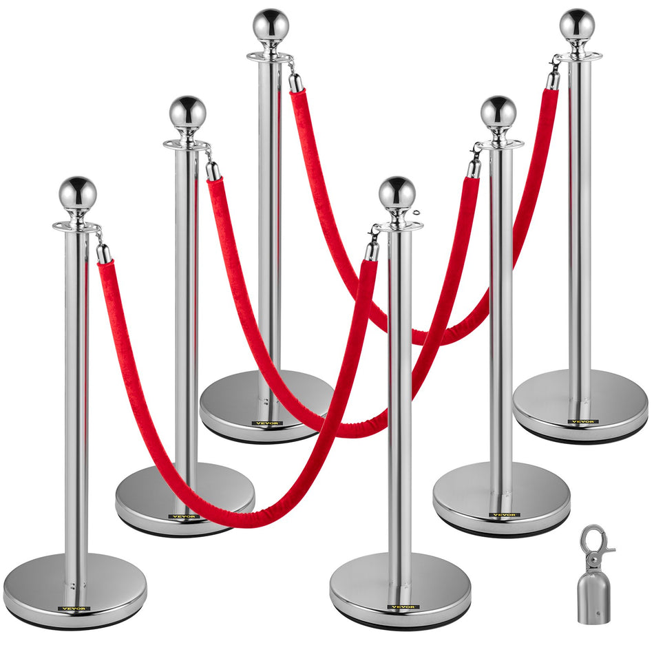 6 Pcs Silver Stanchions Posts Stainless Steel Stanchion Queue Post Red Rope Retractable 38In For Both Indoor And Outdoor Use